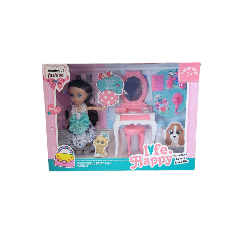Muñeca con accesorios en cajita