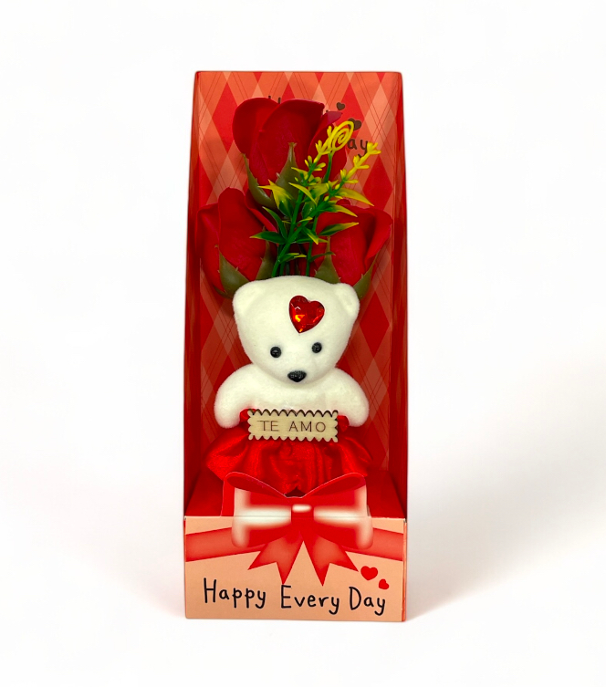 adorno oso con flor de jabon en estuche